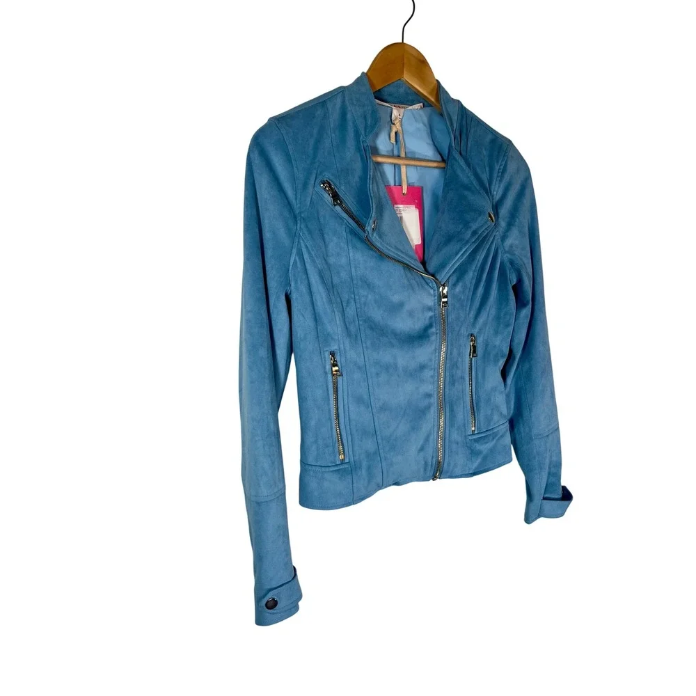 Chelsea & Violet Moto Jacket Faux Suede Small Blue Asymmetrical Zip Pocket NWT - Picture 5 of 11